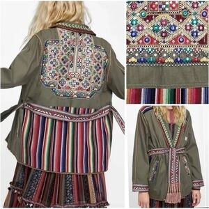 Zara Olive Green Embroidered Utility Jacket